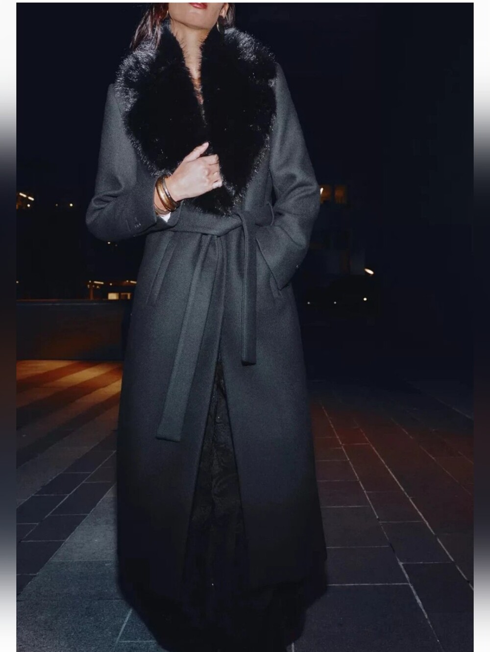 Zara Wool Blend Tweed Black Faux Fur-Collar Wrap Coat S Longline